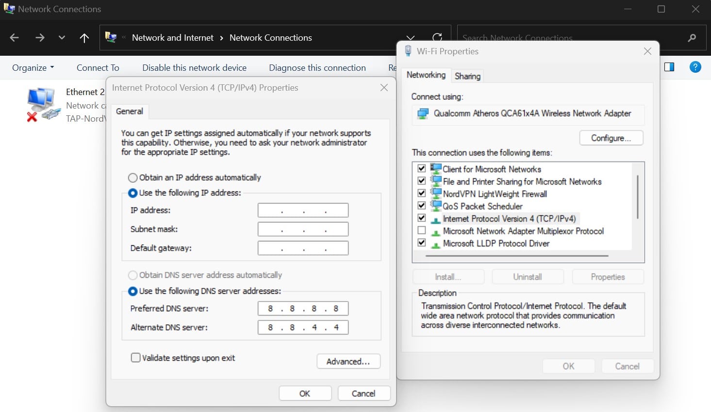Changing the DNS settings in Windows