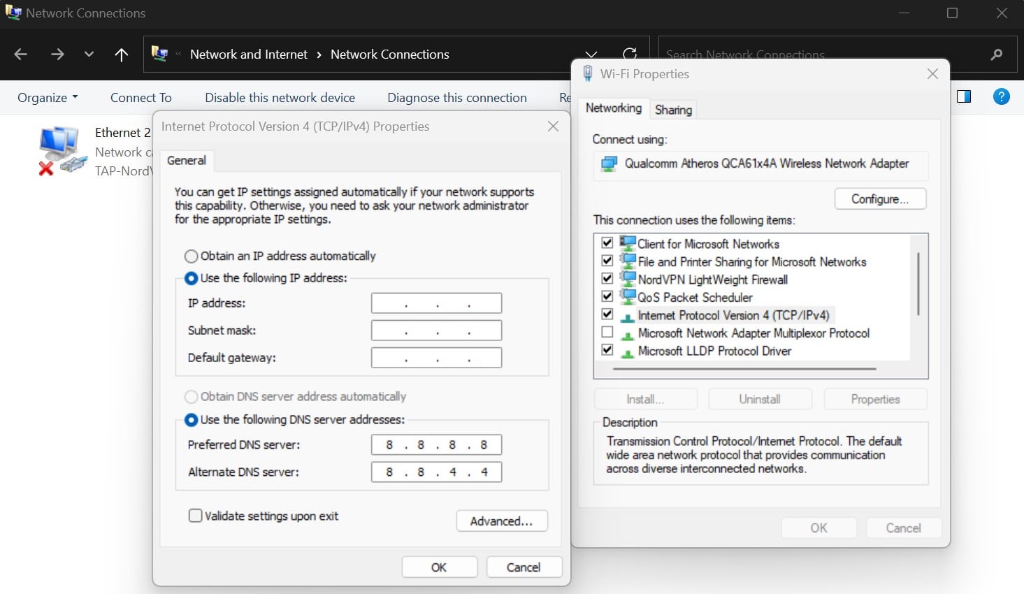 Configurações de DNS no Windows.