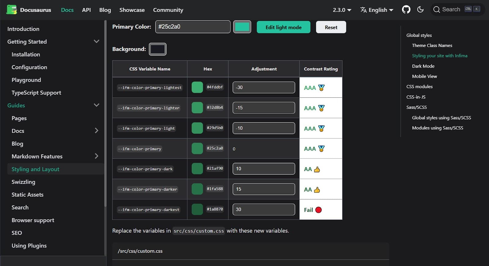 En del av Docusaurus officiella dokumentation, som visar deras anpassade CSS-verktyg med fält för att ange hex-kodjusteringar för varje enskilt element i Docusaurus design.