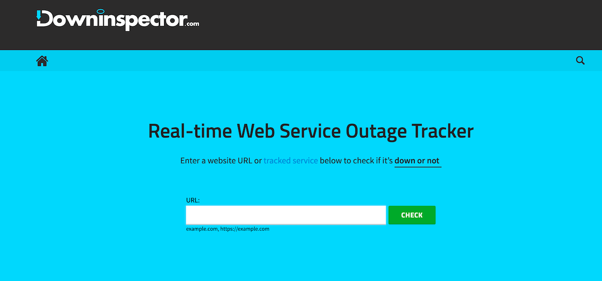 Schermata della homepage di Downinspector con la barra in cui inserire l’URL del sito da verificare