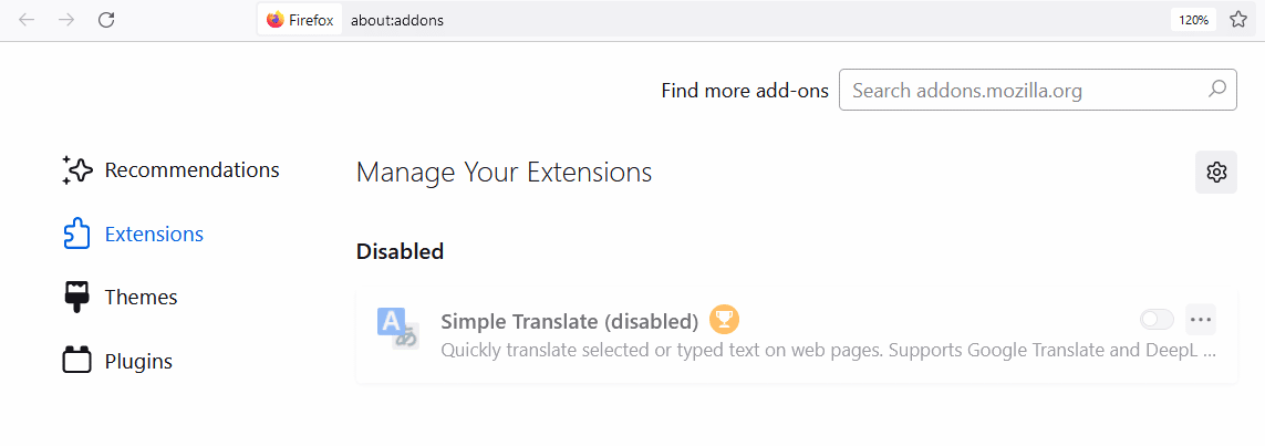 Disabling extensions in Firefox
