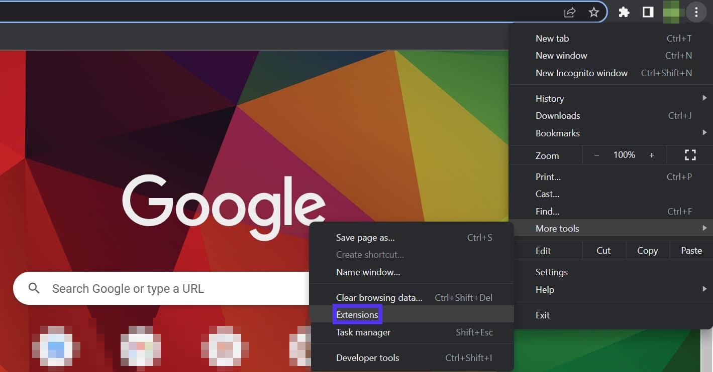 Menu des extensions de Chrome