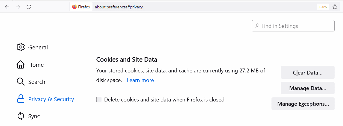 Cookies and Site Data instellingen in Firefox