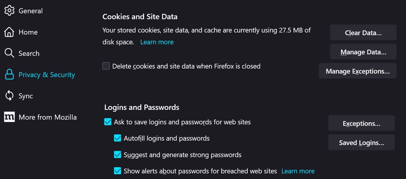 Cookies and Site Data in Mozilla Firefox