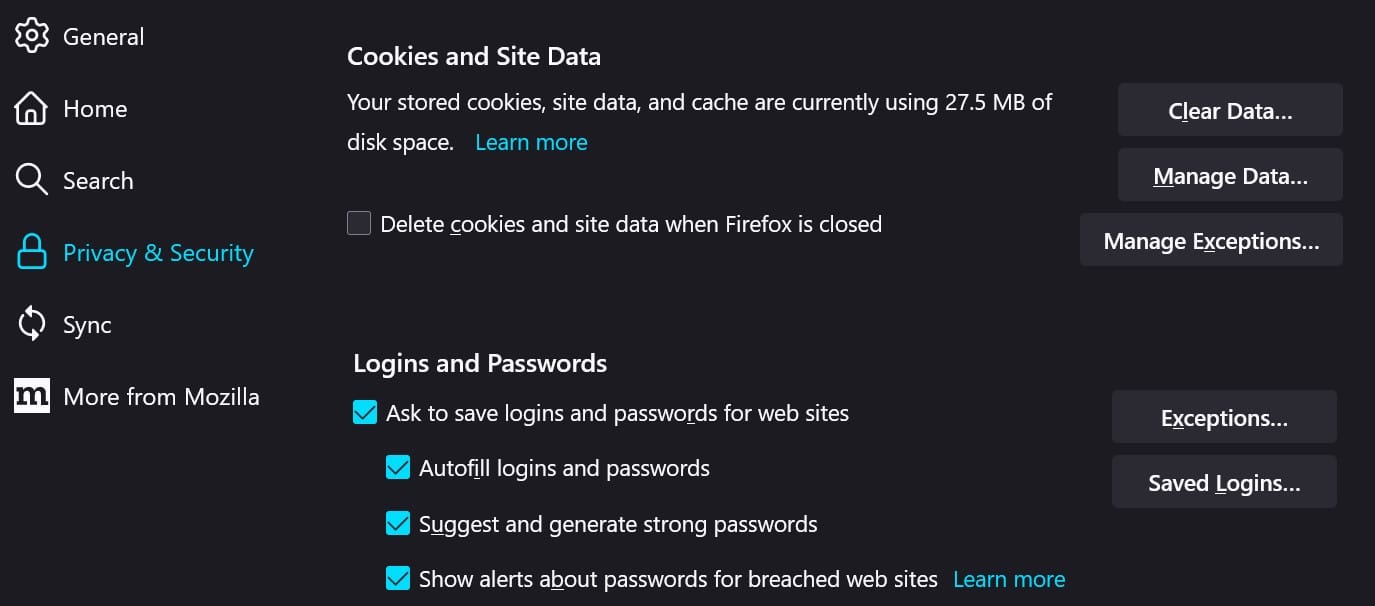 Cookies y datos del sitio en Mozilla Firefox