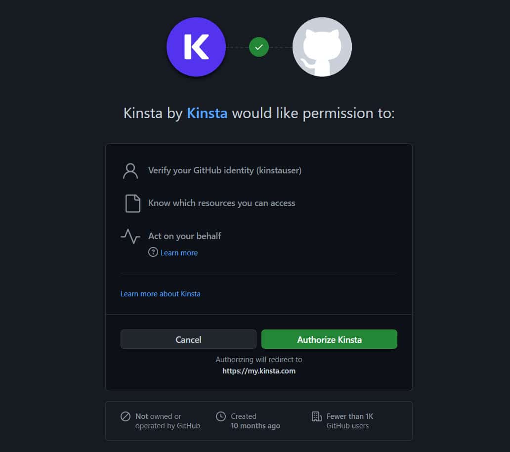 Modal de autorização do GitHub: "Kinsta gostaria de ter permissão para fazer o seguinte: Verificar sua identidade GitHub (kinstauser); Saber quais recursos você pode acessar; Agir em seu nome". Botões: "Cancelar" (cinza) e "Autorizar Kinsta" (verde).