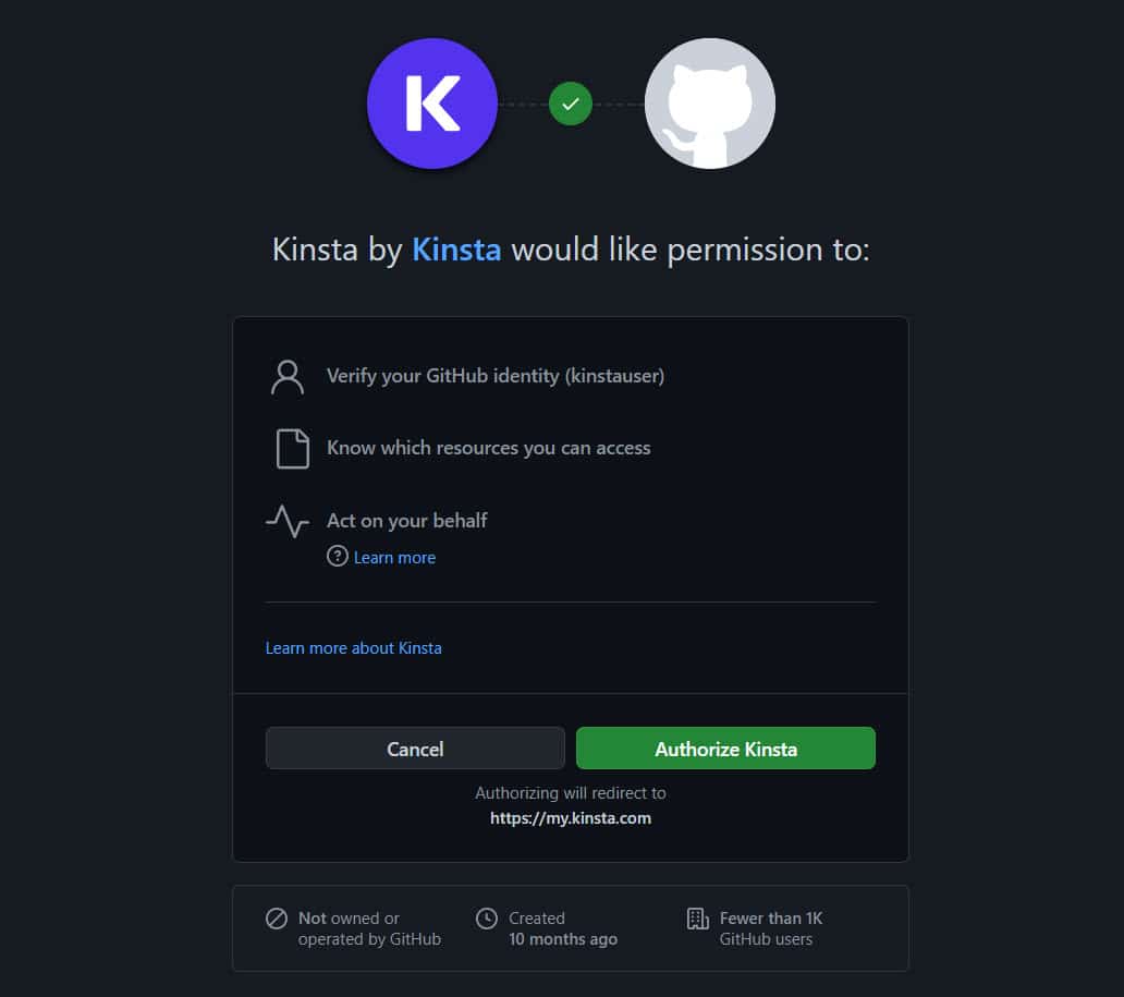 En auktoriseringsmodal från GitHub med texten "Kinsta av Kinsta vill ha tillstånd att: Verifiera din GitHub-identitet (kinstauser), veta vilka resurser som du har tillgång till, agera för din räkning" med både en grå "Avbryt"-knapp och en grön "Auktorisera Kinsta"-knapp längst ner.