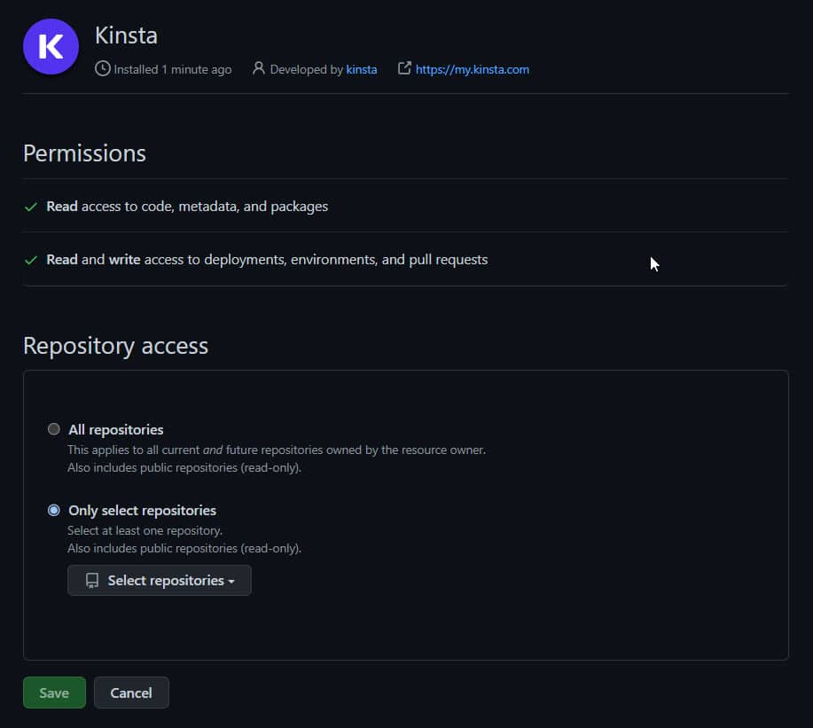 Schermata di MyKinsta da cui scegliere quali permessi GitHub garantire a Kinsta.