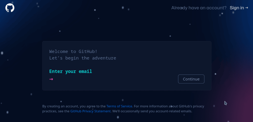 GitHub tilmeldingsside med en etiket, der viser “Welcome to GitHub!, Let's begin the adventure” og “Enter your email” feltet.