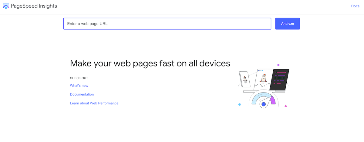 Homepage di Google PageSpeed Insights con la barra dell’URL e il pulsante Analyze in cima