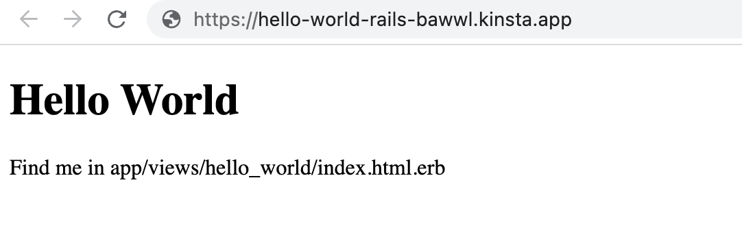 Ruby on Rails Hello World pagina na succesvolle installatie.