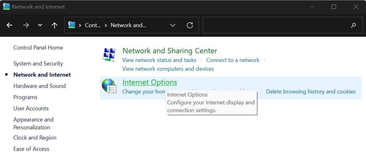 Accessing the Internet Options on Windows