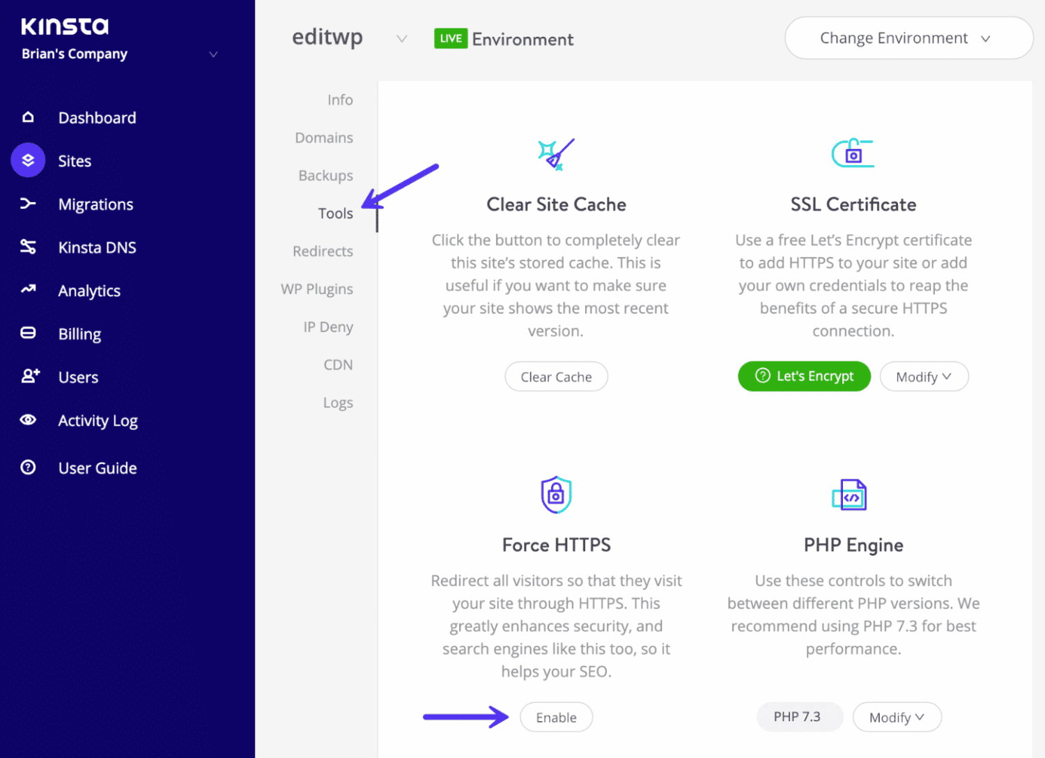 MyKinsta te permite forzar que tu sitio se cargue a través de HTTPS desde el panel de control de tu alojamiento.