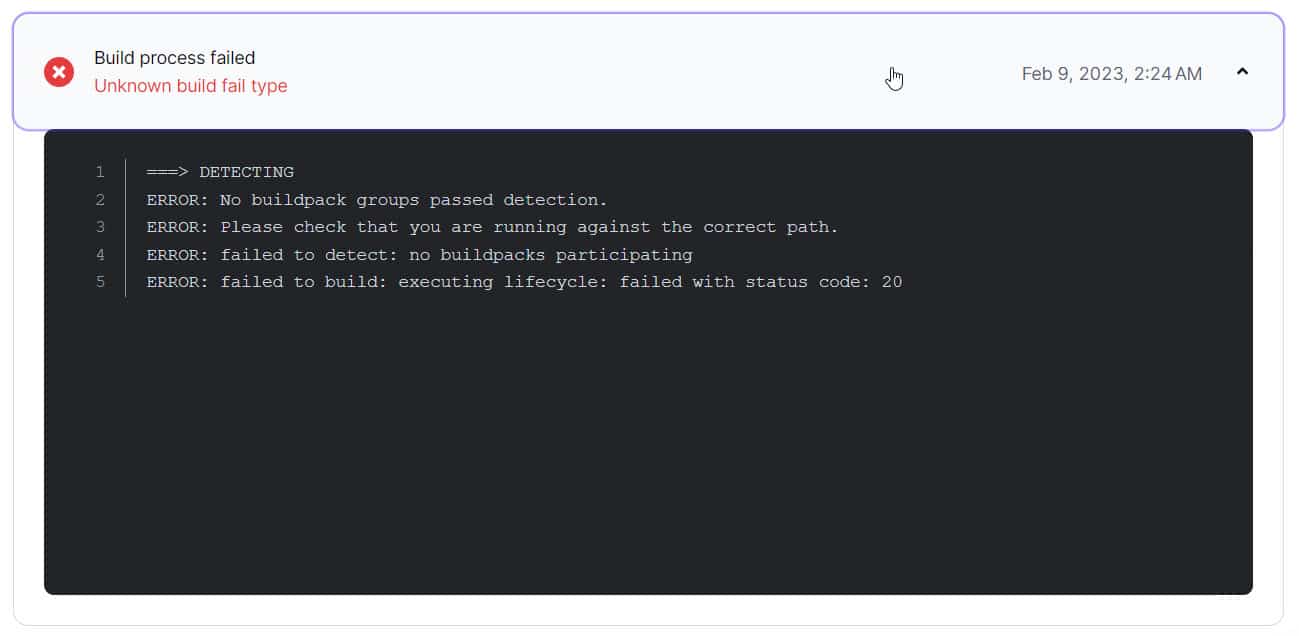 Schermata dell’editor con il messaggio sui dettagli dell’errore "Build process failed".