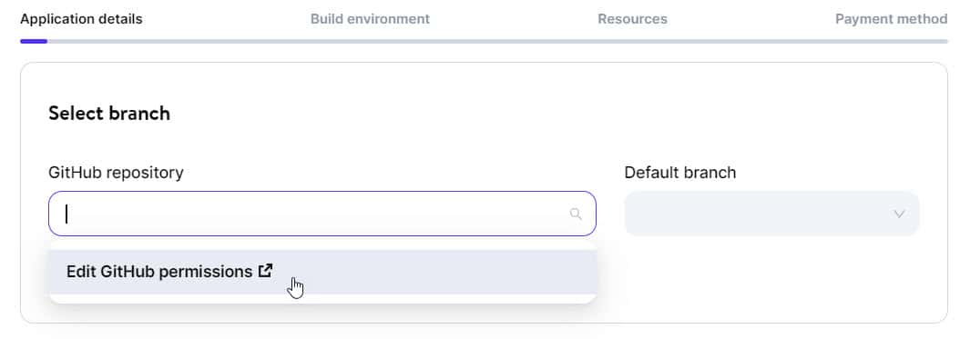 Der neue Anwendungsassistent in MyKinsta zeigt, wie du mit der Maus über die Dropdown-Option "GitHub-Berechtigungen bearbeiten" für das Feld "GitHub-Repository" streichst.