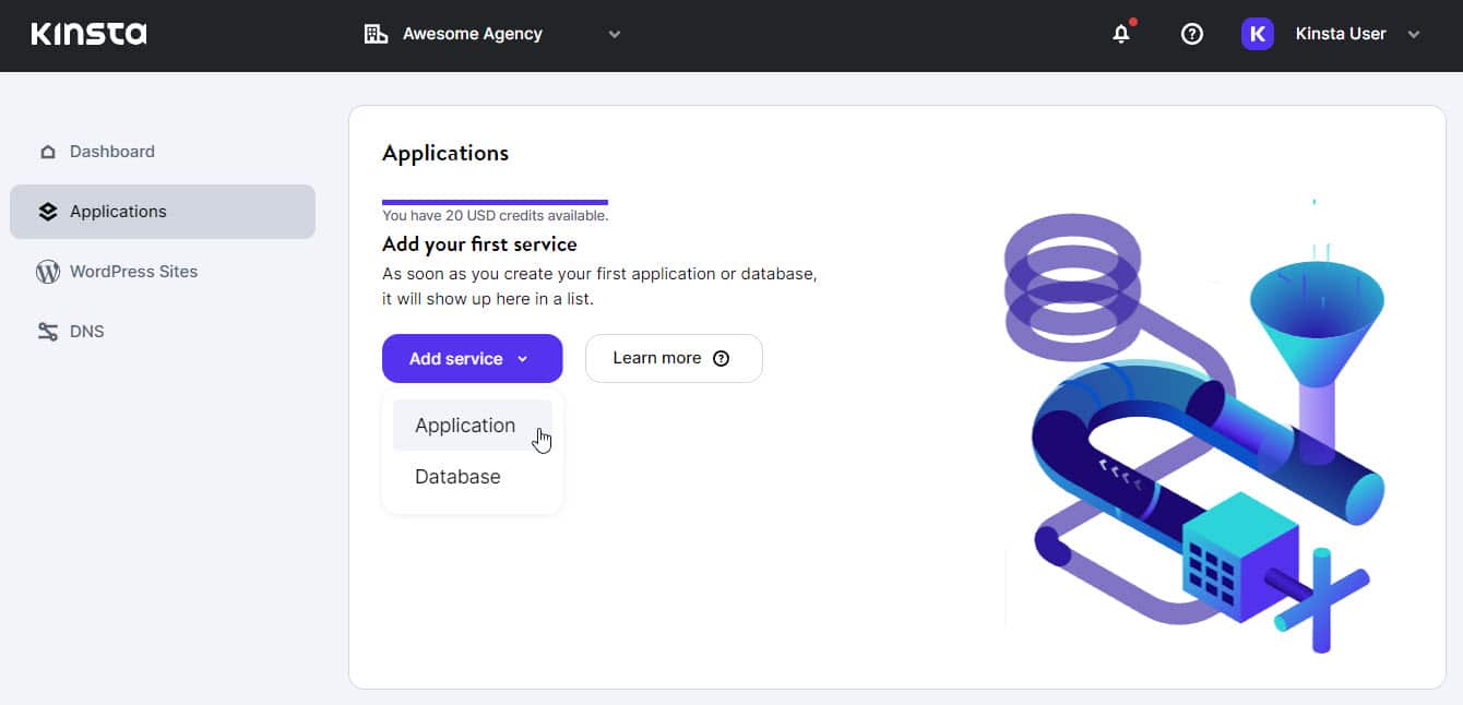 Die Registerkarte Anwendungen im MyKinsta-Dashboard, wenn du mit der Maus über die Option "Anwendung" fährst, nachdem du auf die blaue Schaltfläche "Dienst hinzufügen" geklickt hast.