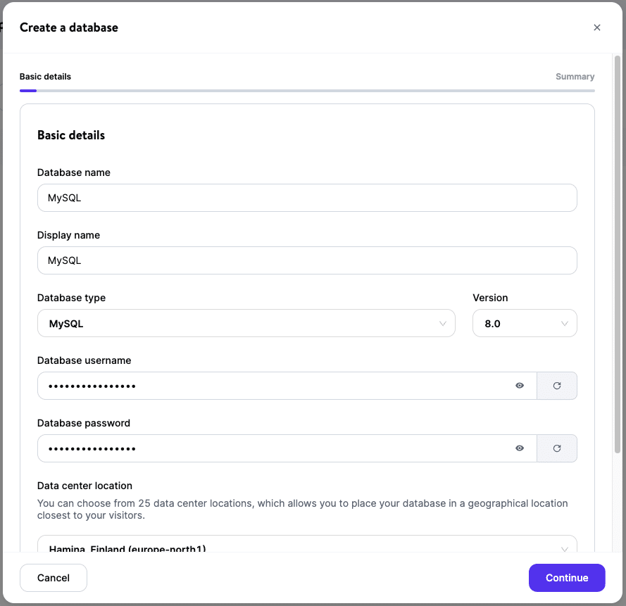 Créer une nouvelle base de données MySQL dans MyKinsta.