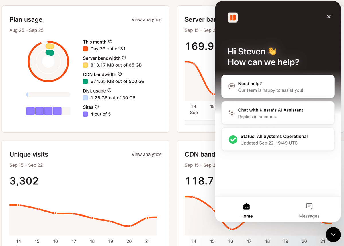 A screenshot of the MyKinsta dashboard with the Support chat window active.