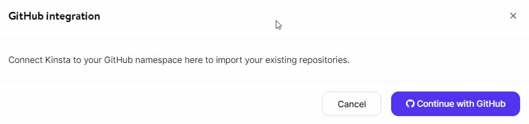 GitHubとの連携についての表示（ここでGitHubと接続し、既存のリポジトリをインポート─右下には白い「キャンセル」ボタンと青い「GitHubを使って続行」ボタンがある）