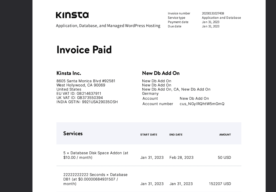 Database disk space add-ons in a paid invoice.