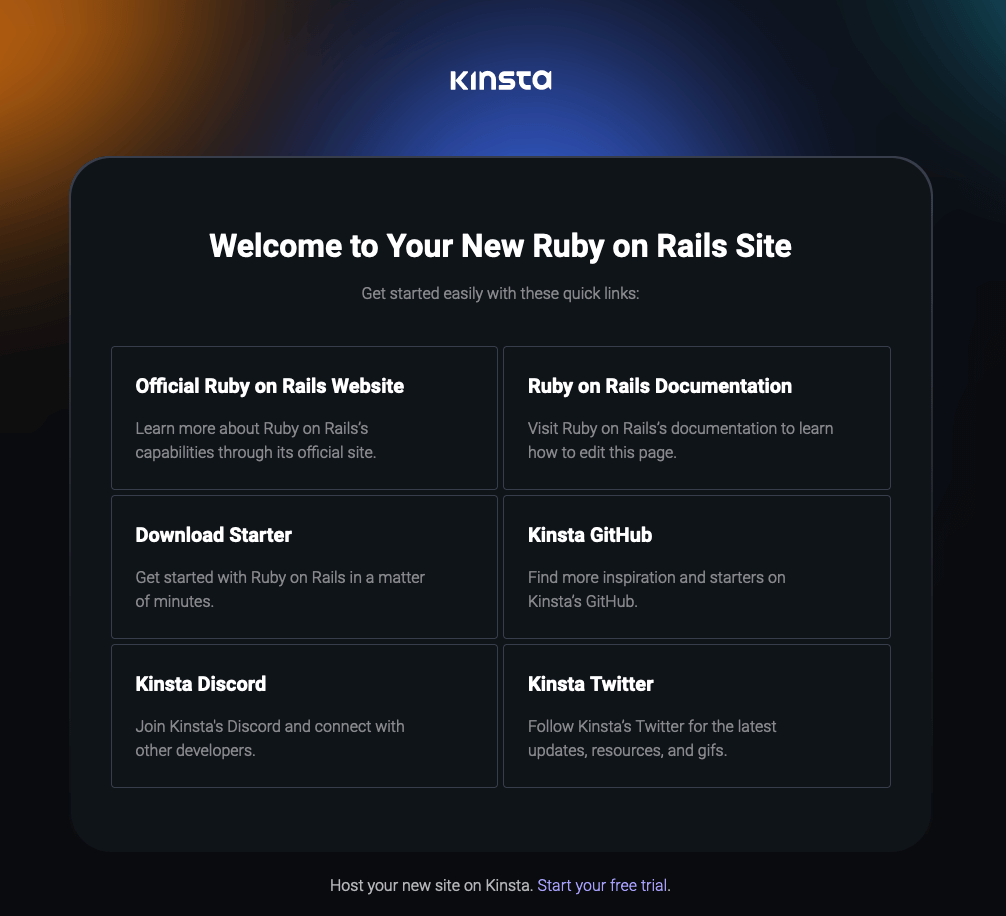 Página de Bienvenida de Kinsta tras el despliegue exitoso de Ruby on Rails.
