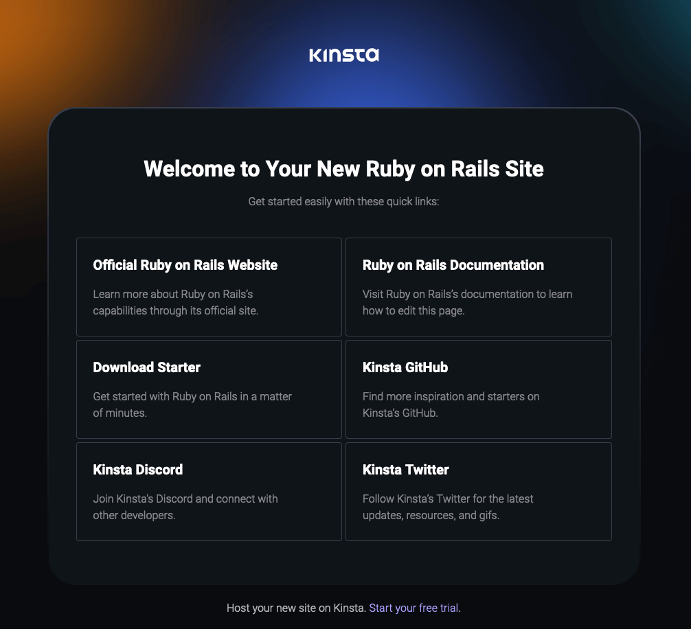 Kinsta velkomstside efter vellykket implementering af Ruby on Rails.