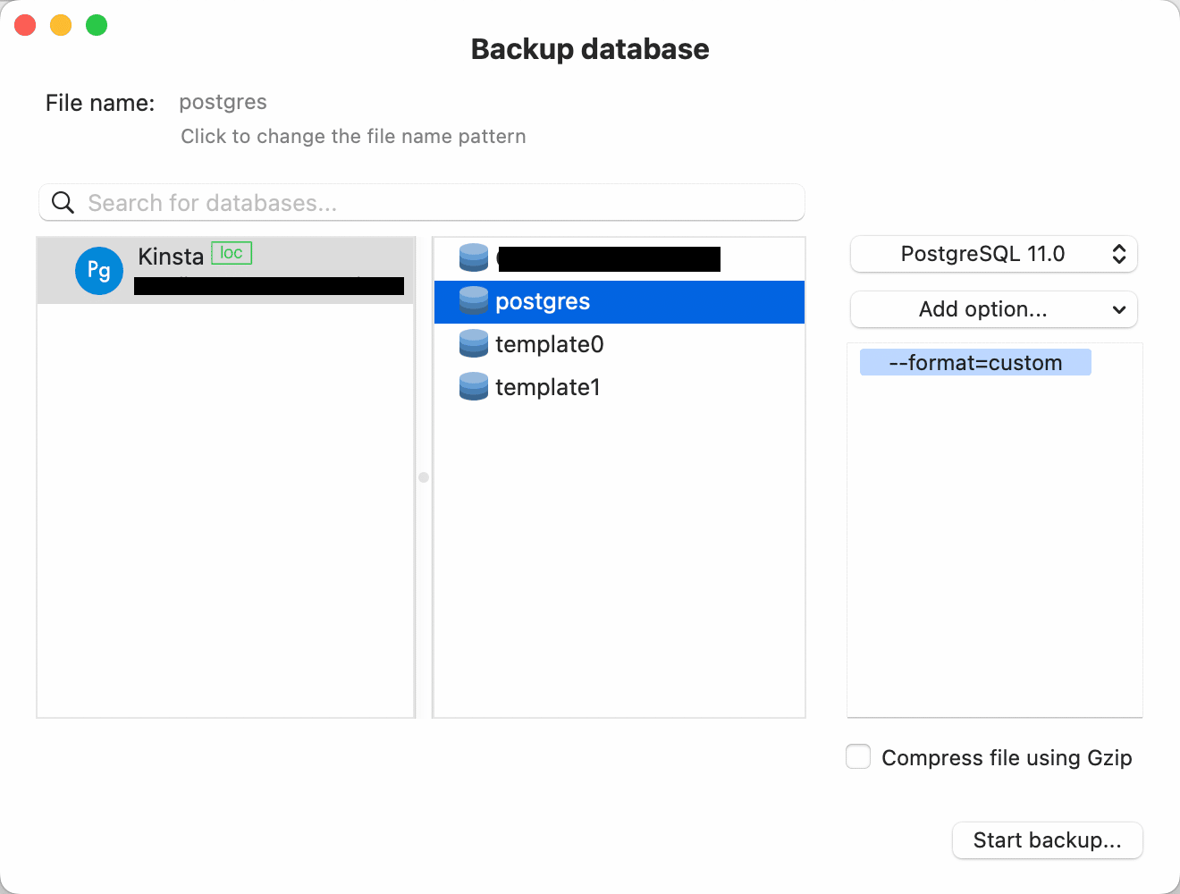 Backup af en database i TablePlus.