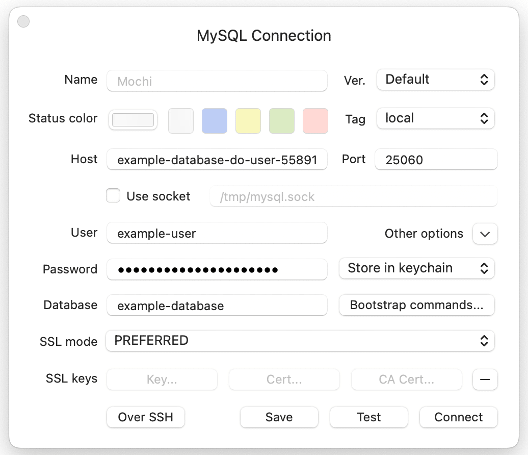 Add your database’s connection details from Digital Ocean in TablePlus.