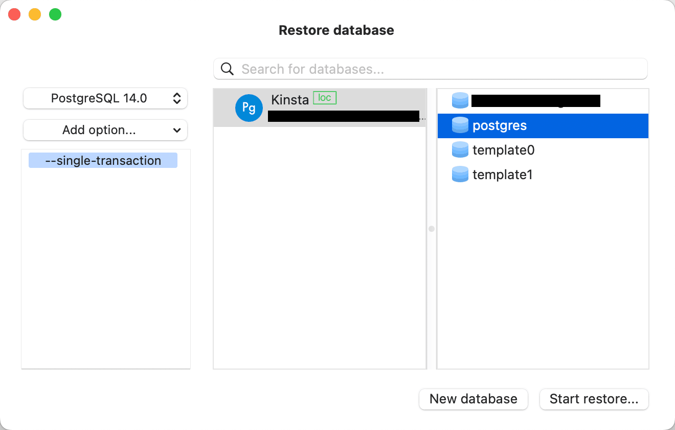 Herstel een database in TablePlus.
