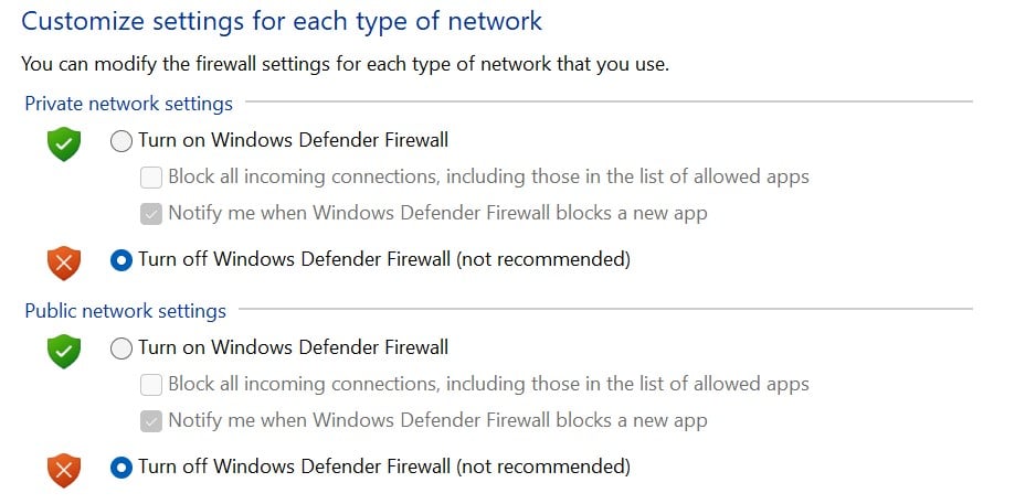 Stäng av Windows Defender Brandvägg (rekommenderas inte)
