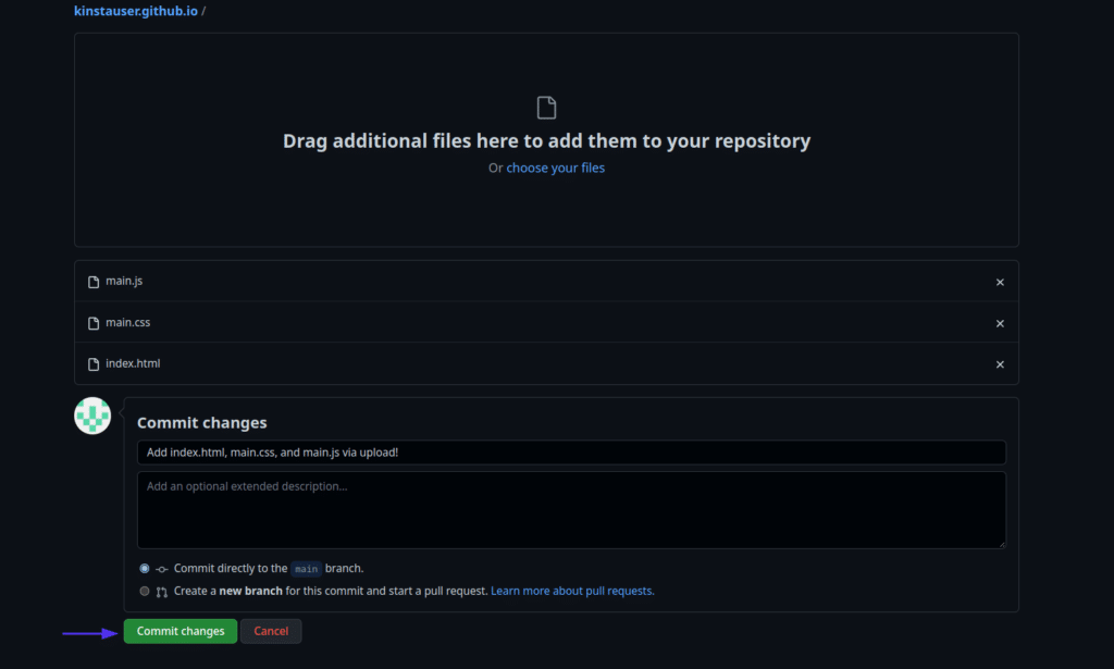 Bestanden main.js,index.html en main.css uploaden naar de GitHub repository, met het commit bericht "Add index.html, main.css, and main.js".