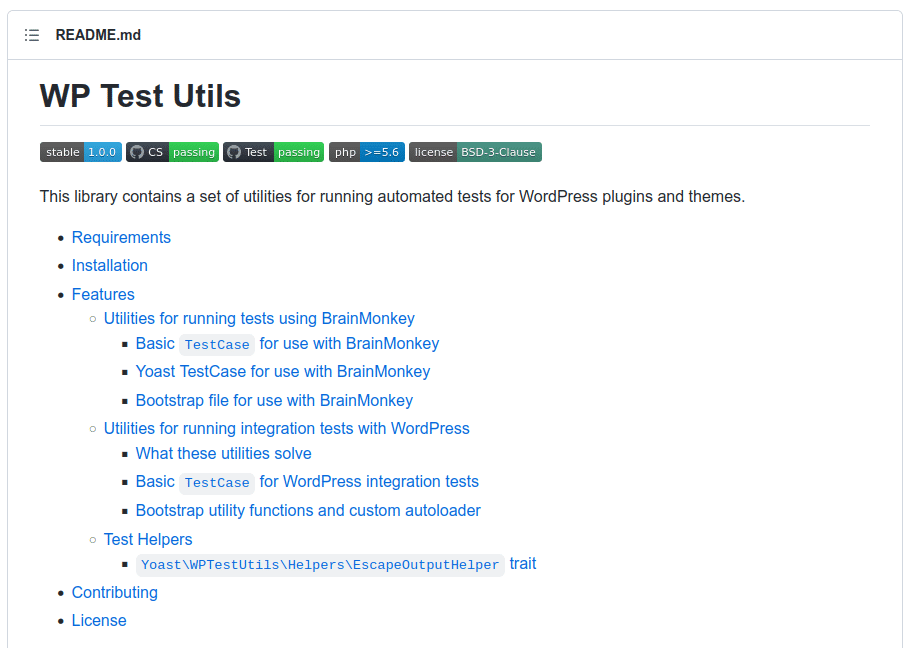 Schermata della pagina readme di WP Test Utilities su GitHub