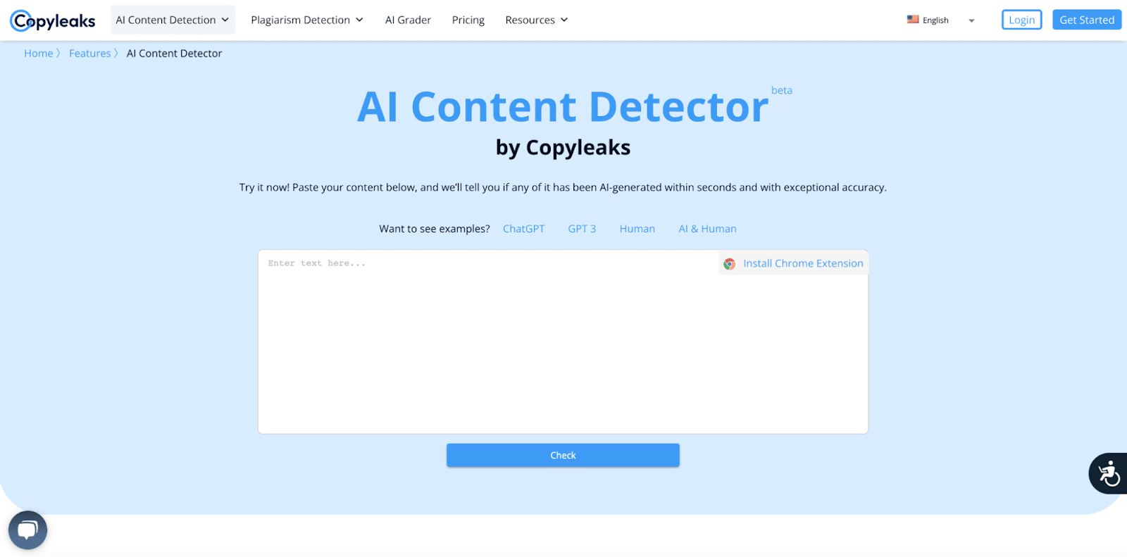 Sito web Copyleaks AI checker