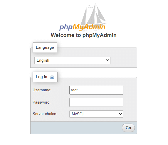 phpMyAdmin log-in page for MySQL server