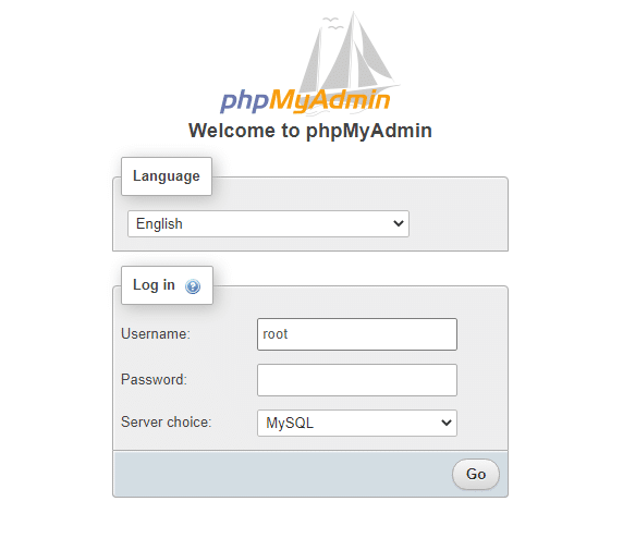 Inloggningssida för phpMyAdmin