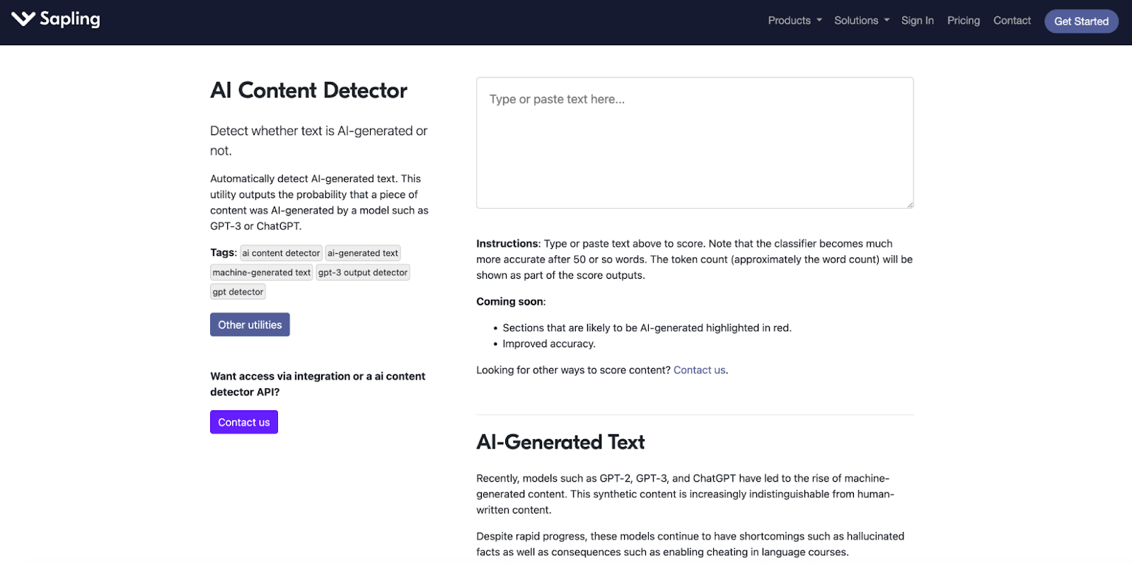 Ventana del detector de contenido de inteligencia artificial Sapling