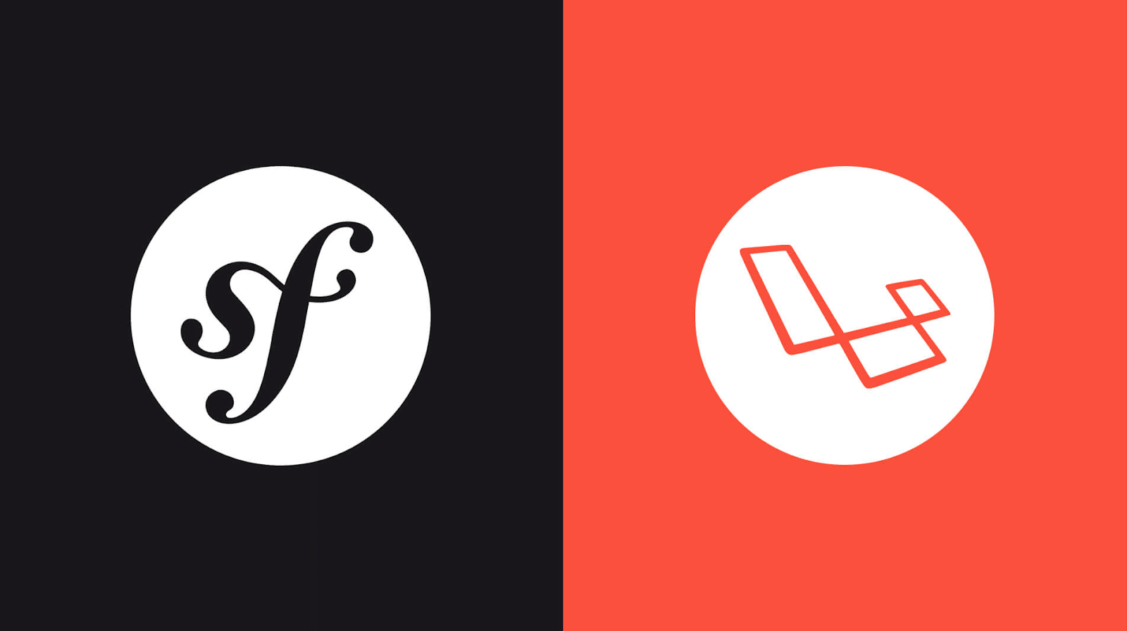 Het Symfony logo met de initialen "sf" in het wit bovenop een zwarte cirkel aan de linkerkant met de zwarte achtergrond en het Laravel logo op een rode achtergrond aan de rechterkant.