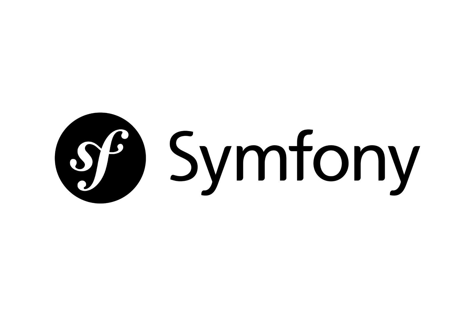 Symfony-logoet med ordet i sort og initialerne "sf" i hvidt oven på en sort cirkel.