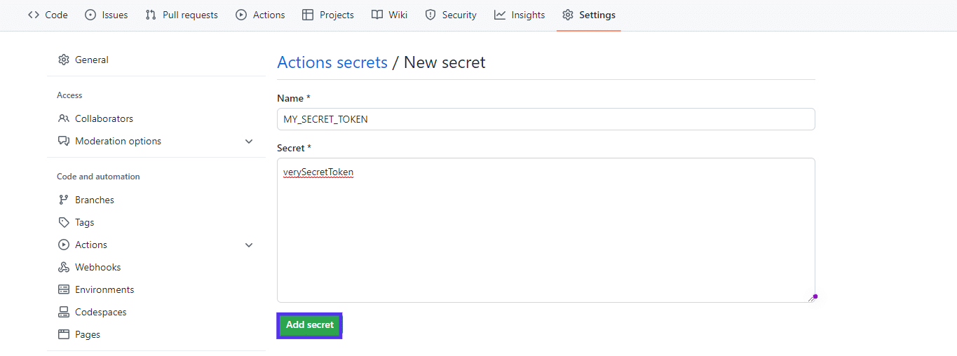 Schermata New Secrets della sezione Actions Secrets con il campo per inserire un nuovo segreto GitHub