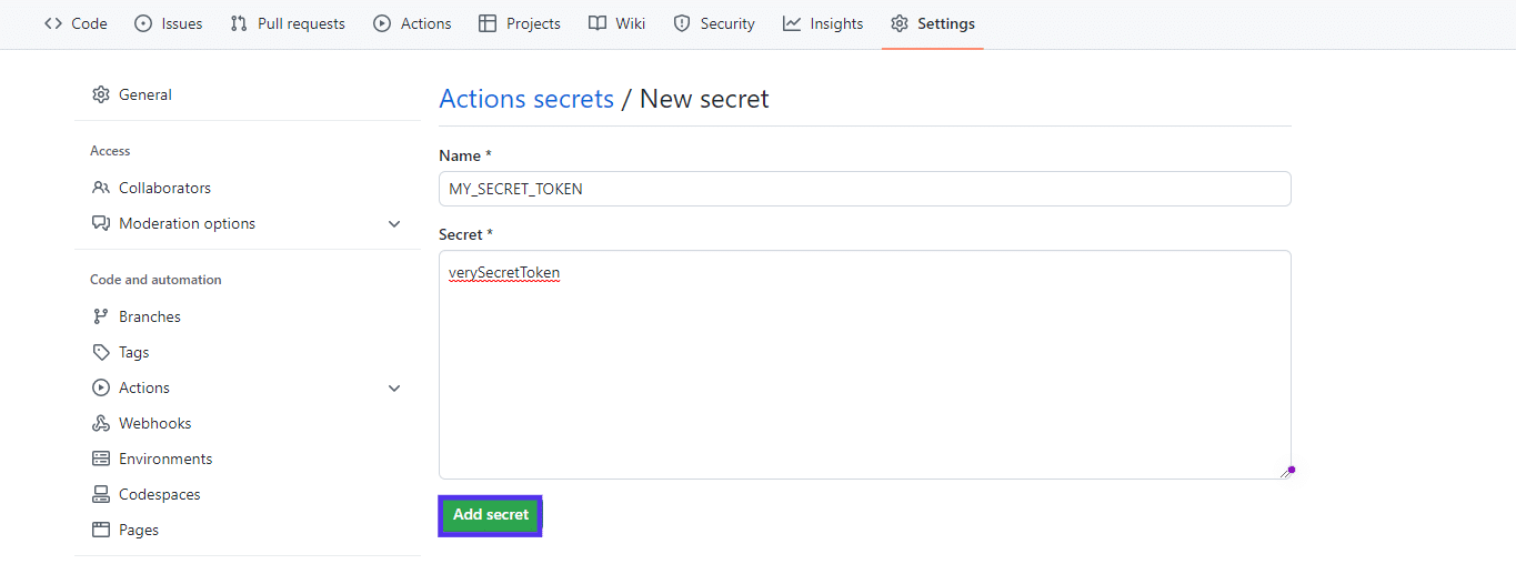 Añadir un nuevo secret de GitHub