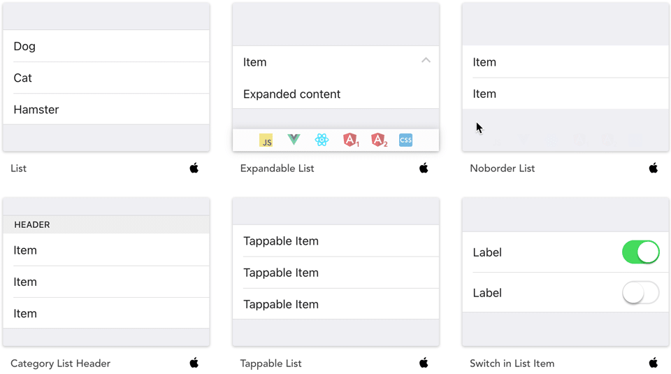 Screenshot: Liste eksempler på Onsen UI Angular komponentbibliotek.