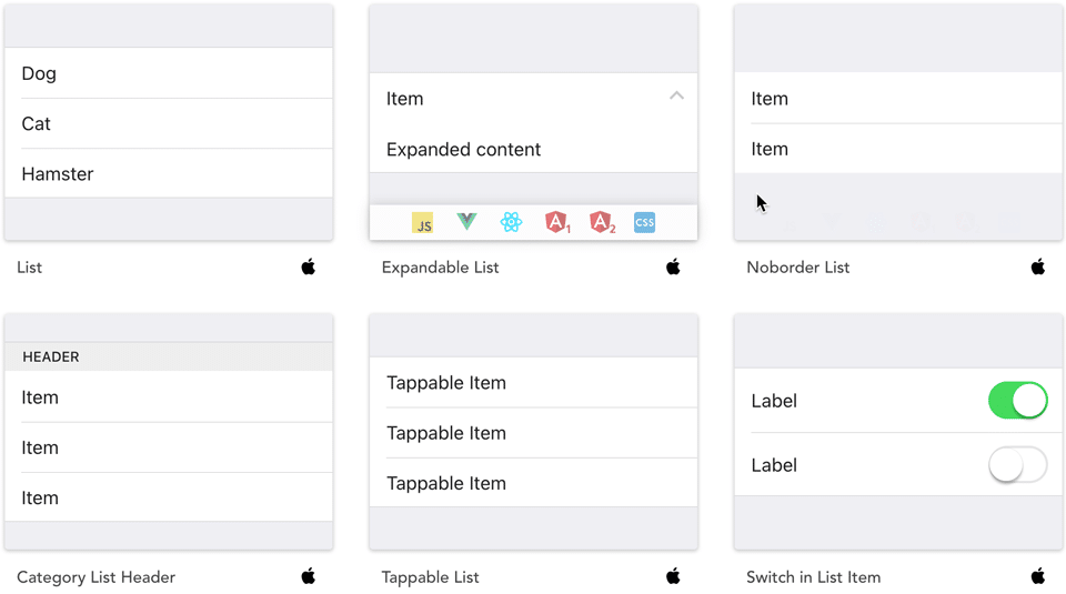 Exempel på listor som använder Onsen UI Angular-komponentbiblioteket.