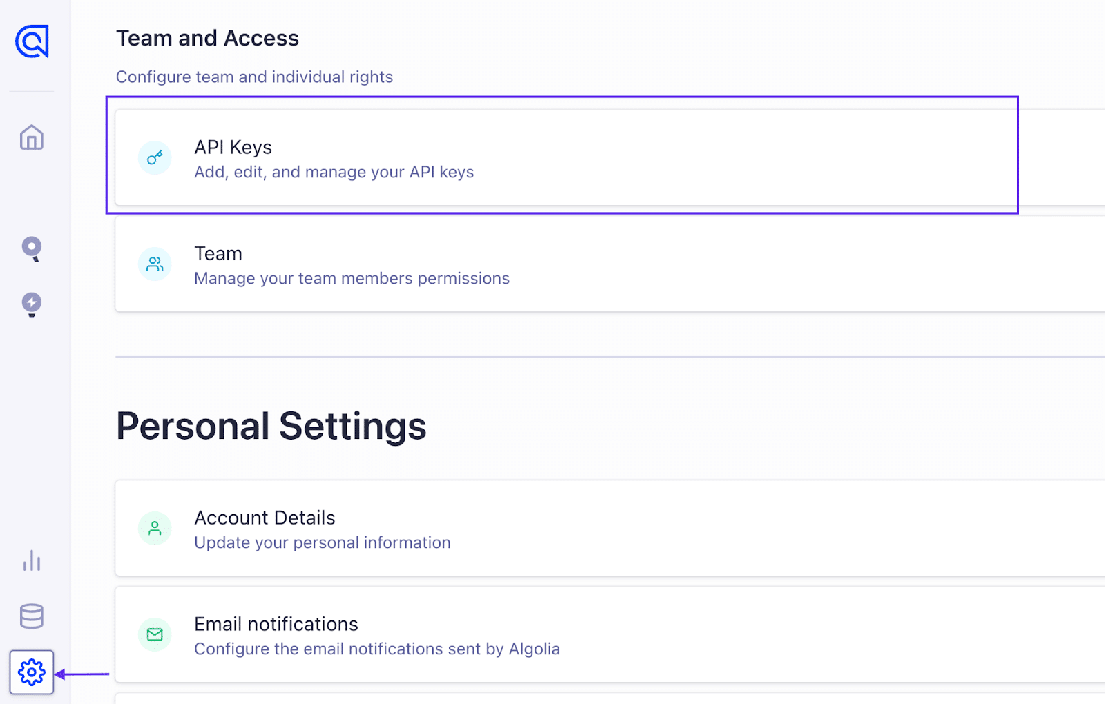 Schermata dell’interfaccia di Algolia Cloud e della pagina Team and Access: è evidenziato il pulsante API Keys