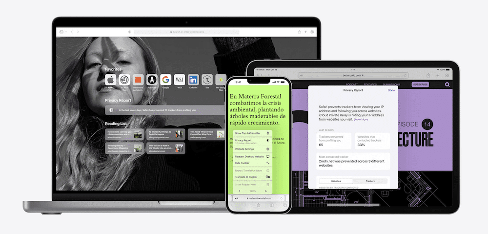 Drei Geräte - MacBook, iPhone und iPad - zeigen verschiedene Instanzen des Safari-Browsers, darunter eine Startseite für das MacBook, einen grünen Blog für das iPhone und einen Browser-Datenschutzbericht für das iPad.