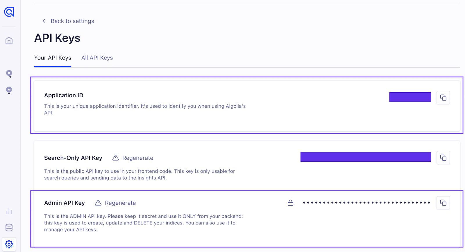 Viewing the Application ID and Admin API Keys from the Algolia API Keys page