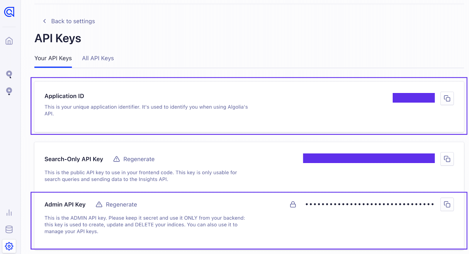 Schermata della pagina API Keys da cui visualizzare Application ID e Admin API Keys