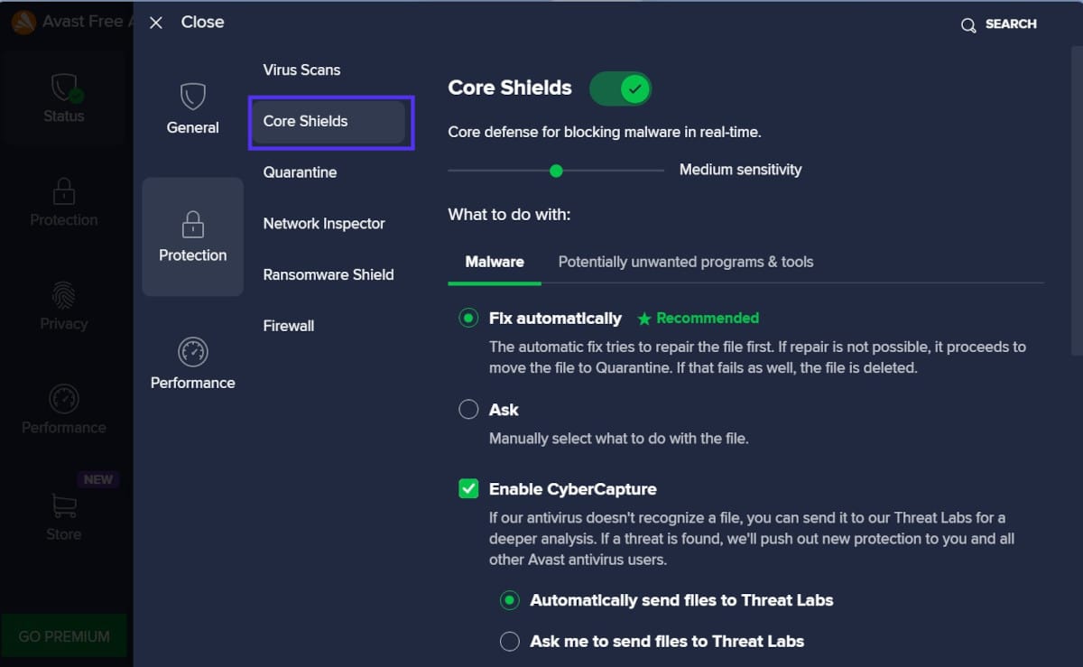 Avast Core Shields settings