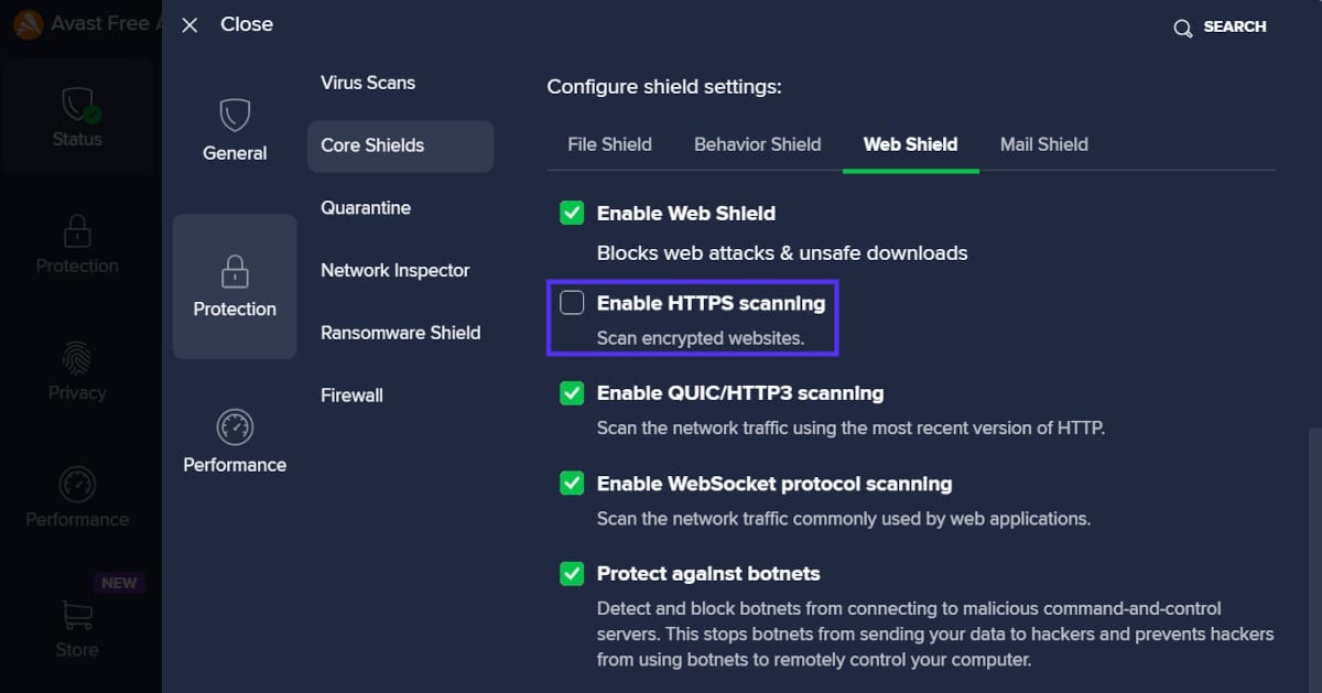 Schermata delle impostazioni di Avast antivirus dove l’opzione Enable HTTPS scanning è deselezionata