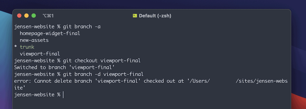 A partial Terminal window with a gradient macOS background. The user is listing the current branches in the repo, checking out one branch, then trying to delete it, which throws an error. It reads, 