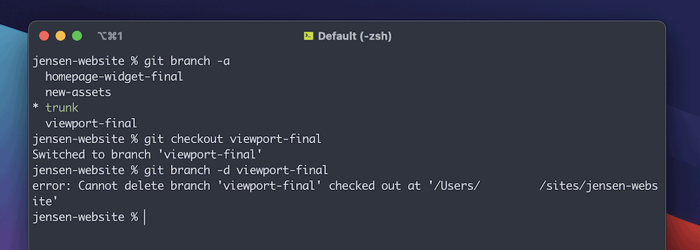 Een gedeeltelijk Terminal venster met een macOS achtergrond met kleurverloop. De gebruiker maakt een lijst van de huidige branches in de repo, controleert een branch en probeert die vervolgens te verwijderen, wat een fout oplevert. Er staat: 